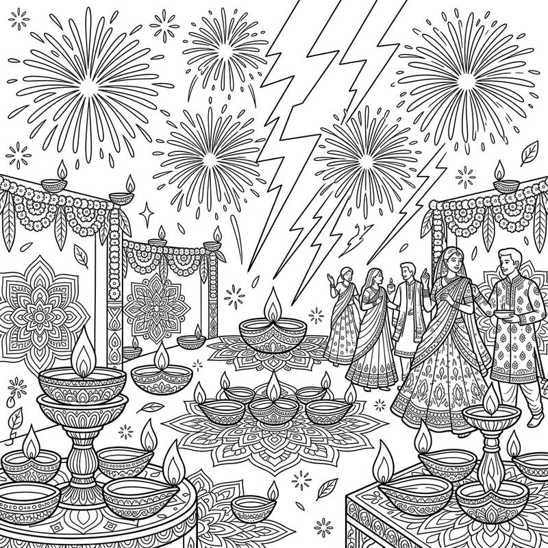 Celebrate the Festival of Lights with this stunning Diwali coloring page, filled with traditional motifs and joyous festivities. Explore intricate rangoli, glowing diyas, festive attire, and dynamic fireworks, all waiting for your vibrant touch.