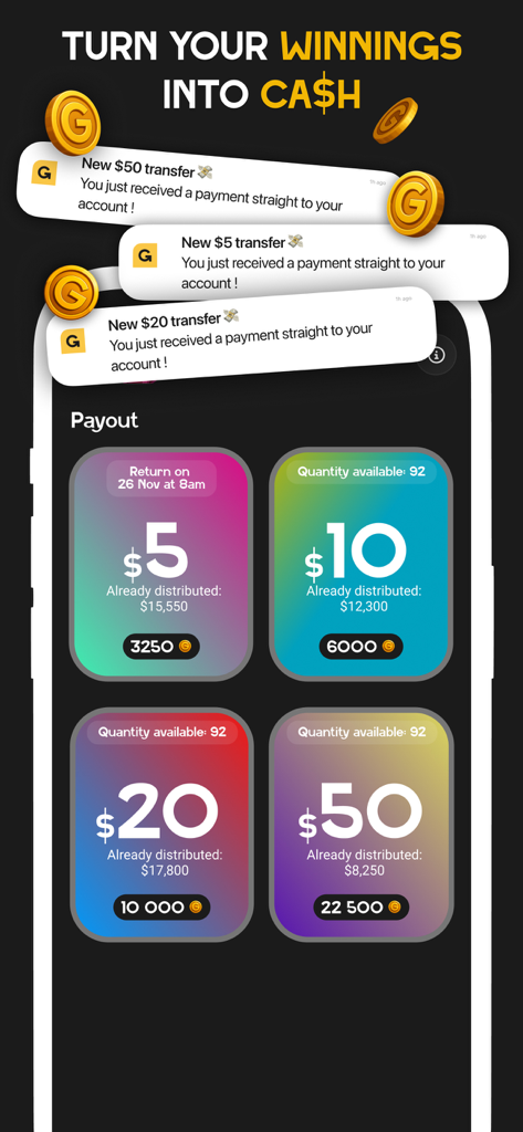 Schermata dell'app Gamby che mostra opzioni per convertire valuta virtuale in ricompense in denaro reale