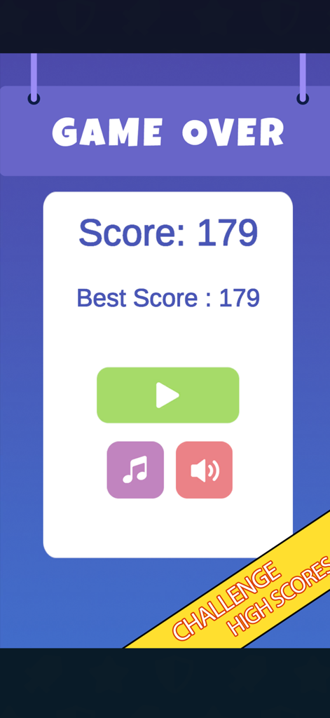 1010! Tetris Puzzle - Game over screen of the 1010! Tetris Puzzle mobile app displaying a final score of 179 and a green play button.