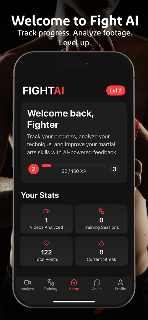 Fight AI: Your AI MMA Coach - Home screen of the Fight AI app showing fighter stats, XP progress bar, and training dashboard.