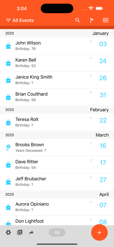 Birthday Boss - Una lista cronológica de cumpleaños y aniversarios conmemorativos en la interfaz de la aplicación Birthday Boss
