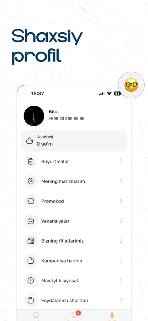 Personal profile screen in the Yewoo food delivery app featuring user account settings and loyalty balance in Uzbek.