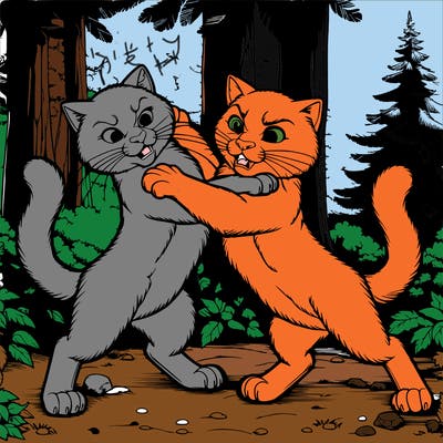realistic cats fighting in a forest