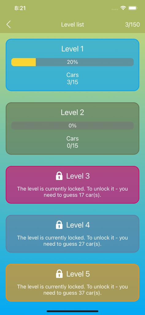 Pantalla de selección de niveles en la aplicación Quiz de Coches mostrando barras de progreso del juego y niveles bloqueados