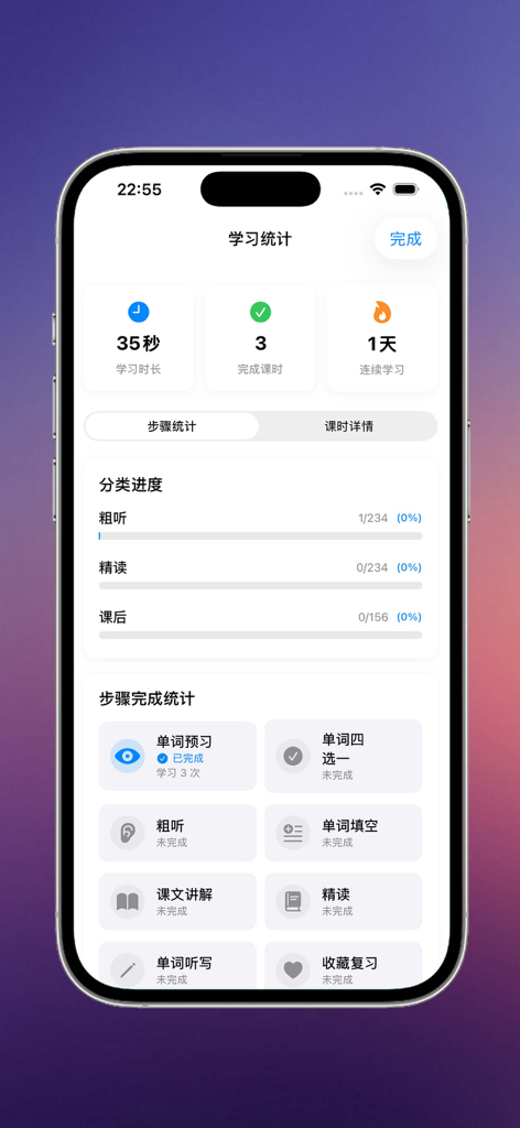 走遍美国 - 学习地道的美语表达 - Learning statistics dashboard of the Family Album USA English learning app showing study time and progress tracking.