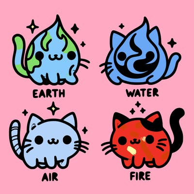 4 cats that represent the different elements, earth, water, air, and fire