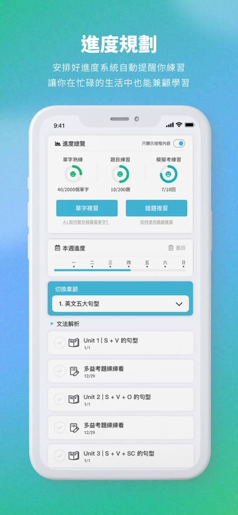 聰明學習 WORD UP-單字救星+多益和學測刷題神器 - WORD UPからのモバイルアプリインターフェース、円グラフと週次学習スケジュールによる学習進捗追跡を表示。