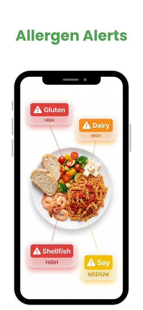 AI food scanner app interface displaying allergen alerts for gluten dairy shellfish and soy on a scanned meal