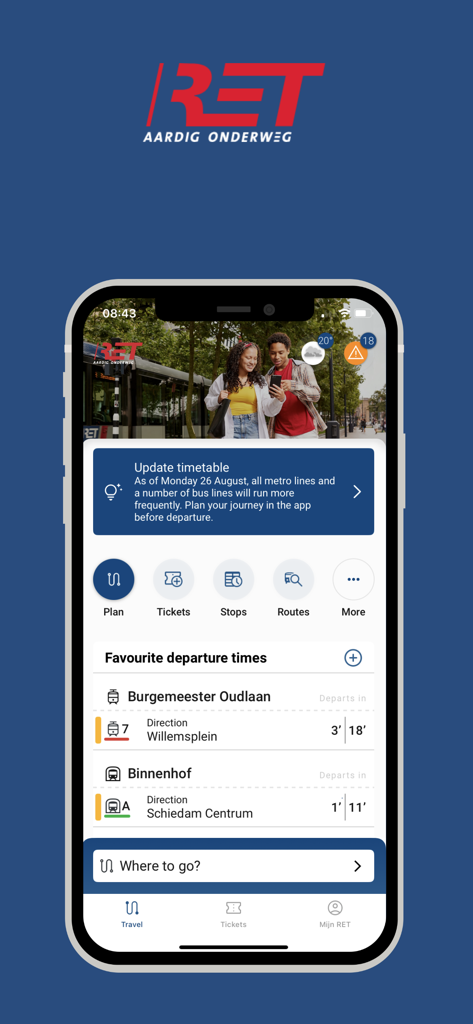 RET - RET 모바일 앱 홈 화면으로 로테르담 대중교통의 실시간 출발 시간 및 여행 계획이 표시됩니다.
