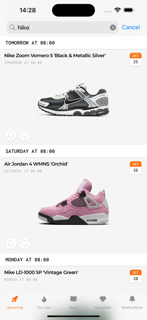 Uma página de resultados de busca mostrando datas de lançamento de tênis Nike e Air Jordan.