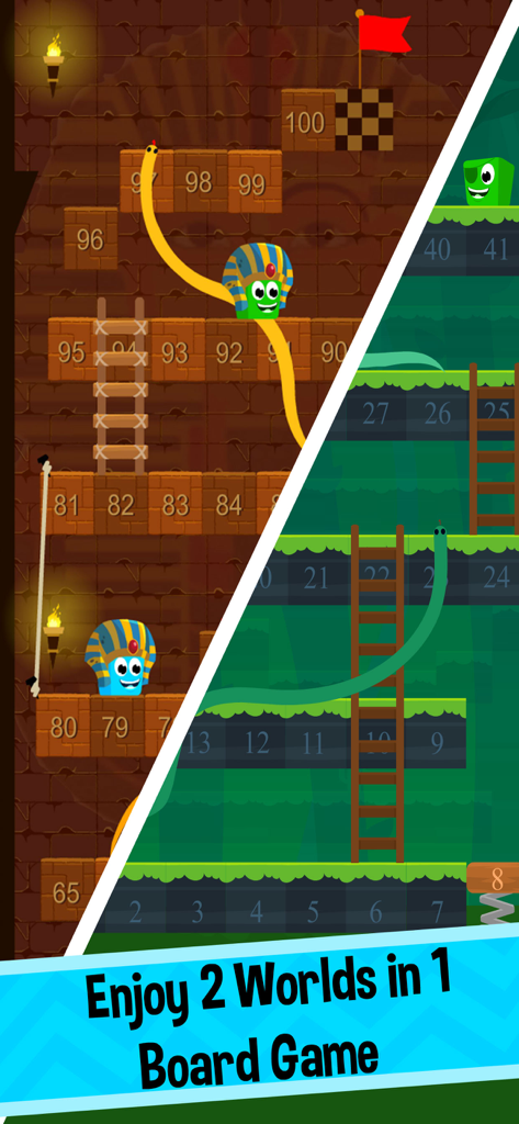 Split screen view of two different themed worlds in the Snakes and Ladders platformer board game.
