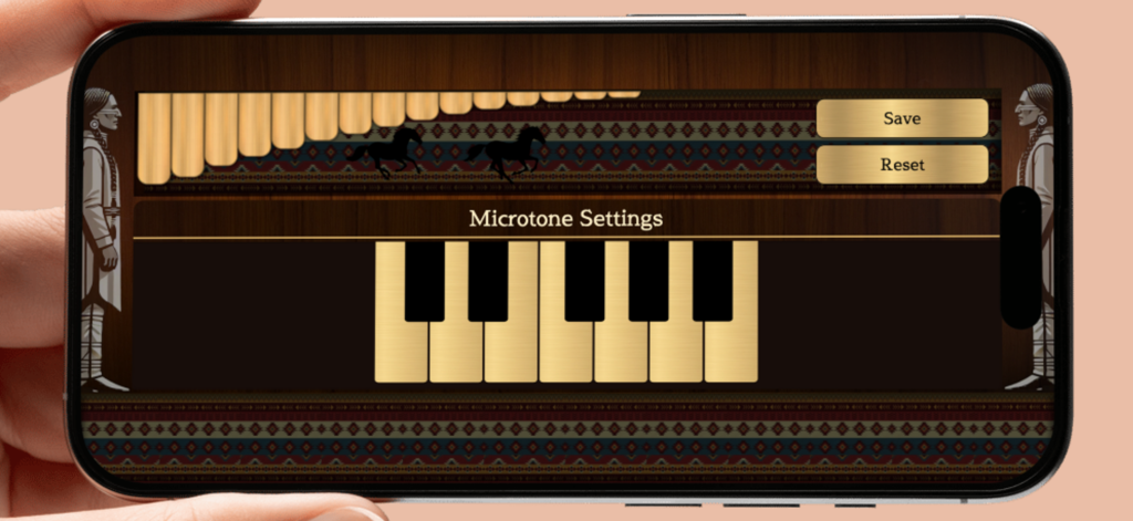 Interfaz de configuración microtonal en la aplicación Pan Flute Sim con un tema de madera cultural y un diseño de teclado.