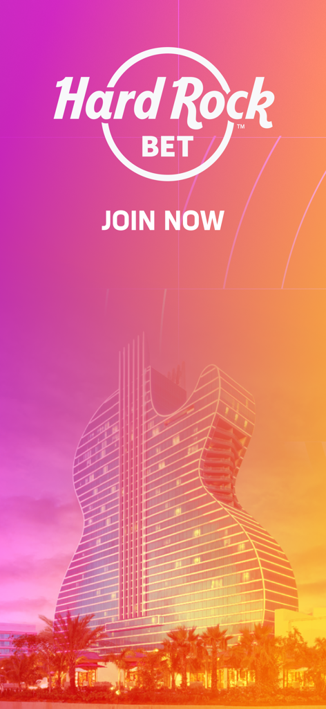 Hard Rock Bet: Sportsbook - Pantalla de inicio de la aplicación de apuestas deportivas Hard Rock Bet con el icónico hotel en forma de guitarra y el logo.