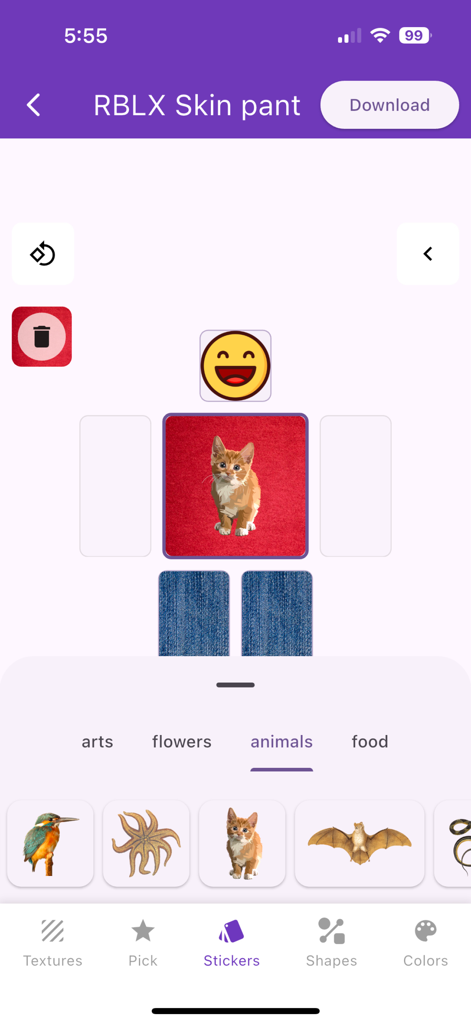 Interface para criar skins de avatar Roblox com uma seleção de adesivos de animais como gatos e pássaros