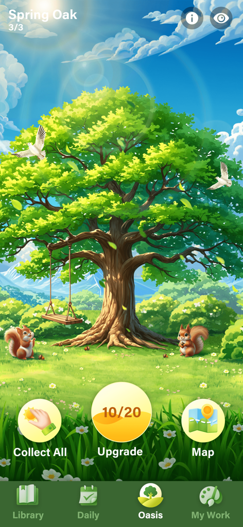 Color Oasis - Color by Number - A sunny landscape illustration featuring a large oak tree with a swing and squirrels in the Color Oasis app