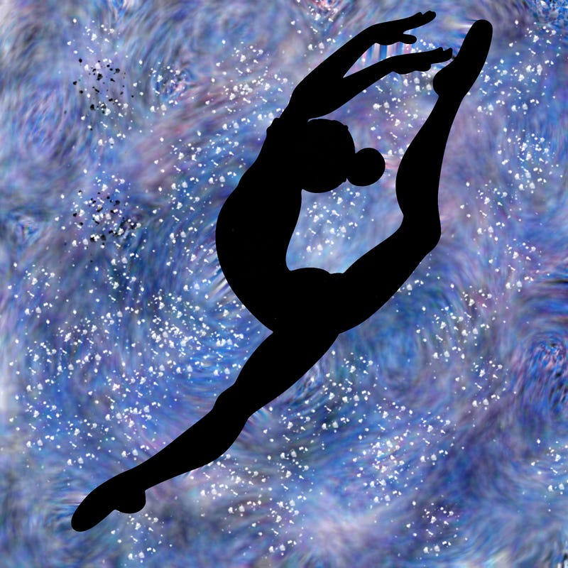 gymnast doing a leap in a leotard with a bent back leg