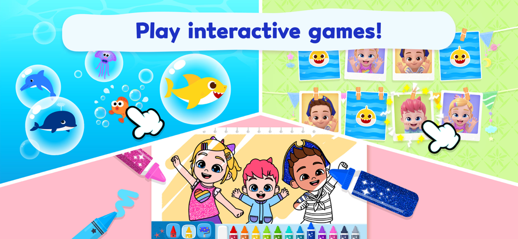 Capturas de pantalla de los minijuegos interactivos de Pinkfong Baby Shark, incluyendo tarjetas de memoria de burbujas y actividades para colorear