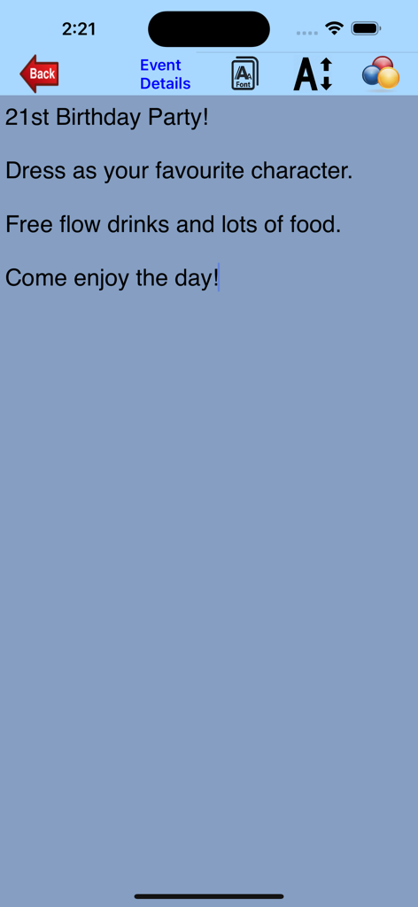 Event Manager - イベントマネージャーアプリのイベント詳細画面。21歳の誕生日パーティーの情報、ドレスコード、ケータリングなどが表示されています。