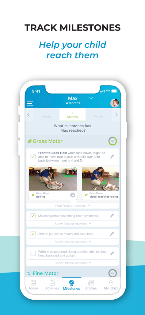BabySparks - Development App - Screenshot dell'app BabySparks che mostra il monitoraggio delle tappe fondamentali motorie per un neonato di quattro mesi