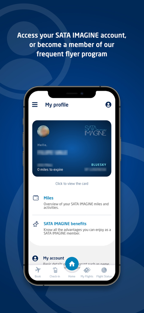 Schermata del profilo dell'app SATA Azores Airlines con la carta fedeltà SATA IMAGINE e il saldo miglia