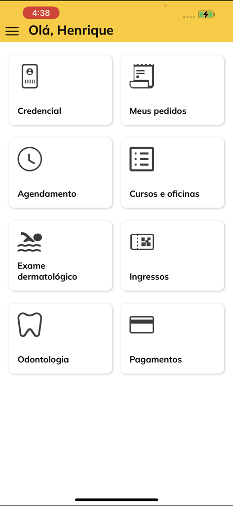 Main menu of the Credencial Sesc SP app showing digital services like credential management, scheduling, and dentistry.