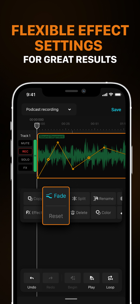 Interface do aplicativo Audio One mostrando edição multitrilha com configurações de efeito de fade e forma de onda