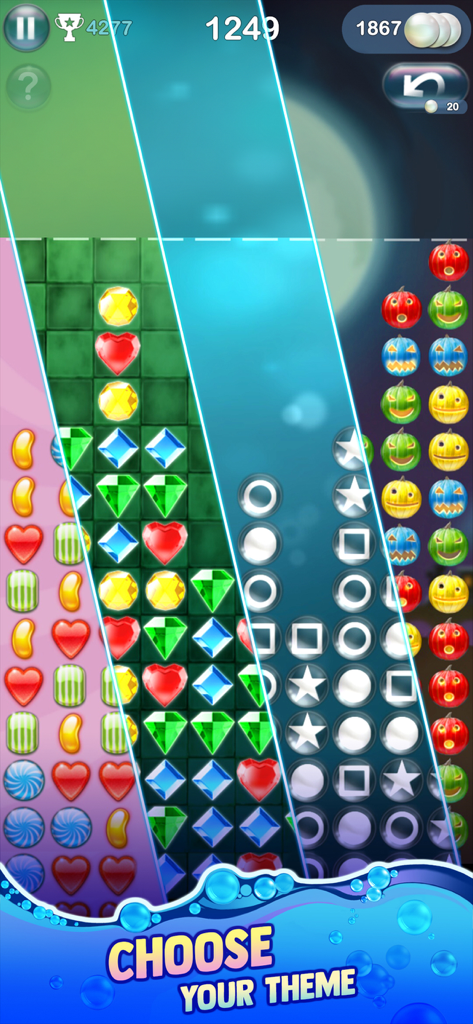 Bubble Explode - pop puzzle - Una exhibición de cuatro temas visuales diferentes para Bubble Explode, incluyendo skins de Joyas, Calabazas y Clásica