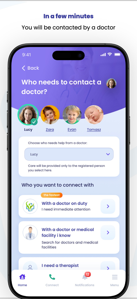Interface of the MEDDI app showing options to select a family member for a doctor or therapist consultation
