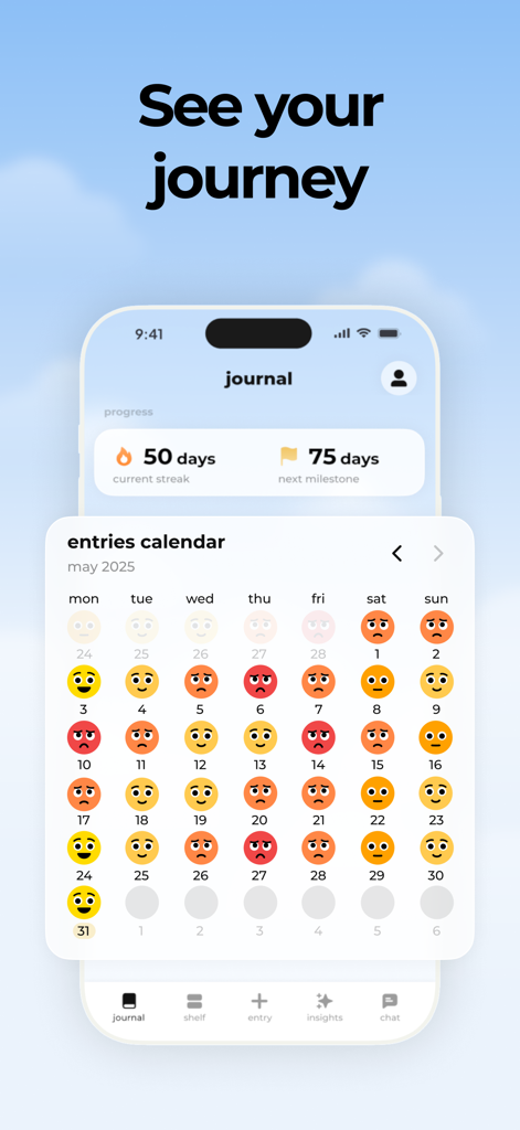 Confide - Video Journal - Confide app interface showing a monthly entries calendar with colorful mood emojis and a journal streak progress