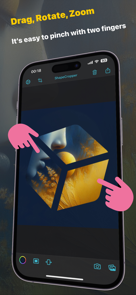ShapeCropper - iPhone screen showing the ShapeCropper app with hand icons demonstrating how to drag rotate and zoom a hexagonal photo crop using a pinch gesture