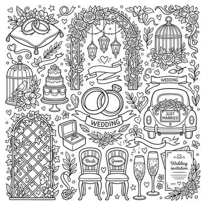 Immerse yourself in the romantic details of a wedding celebration with this intricate coloring page. Featuring elegant decorative accents, it's perfect for adults and teens to personalize with their own colors.