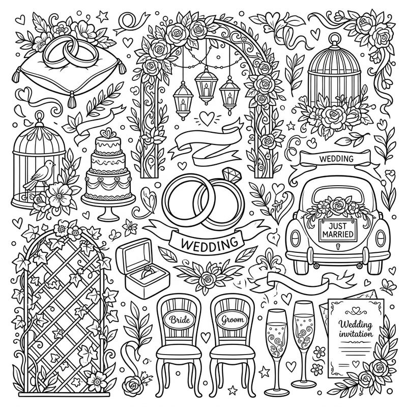 Immerse yourself in the romantic details of a wedding celebration with this intricate coloring page. Featuring elegant decorative accents, it's perfect for adults and teens to personalize with their own colors.