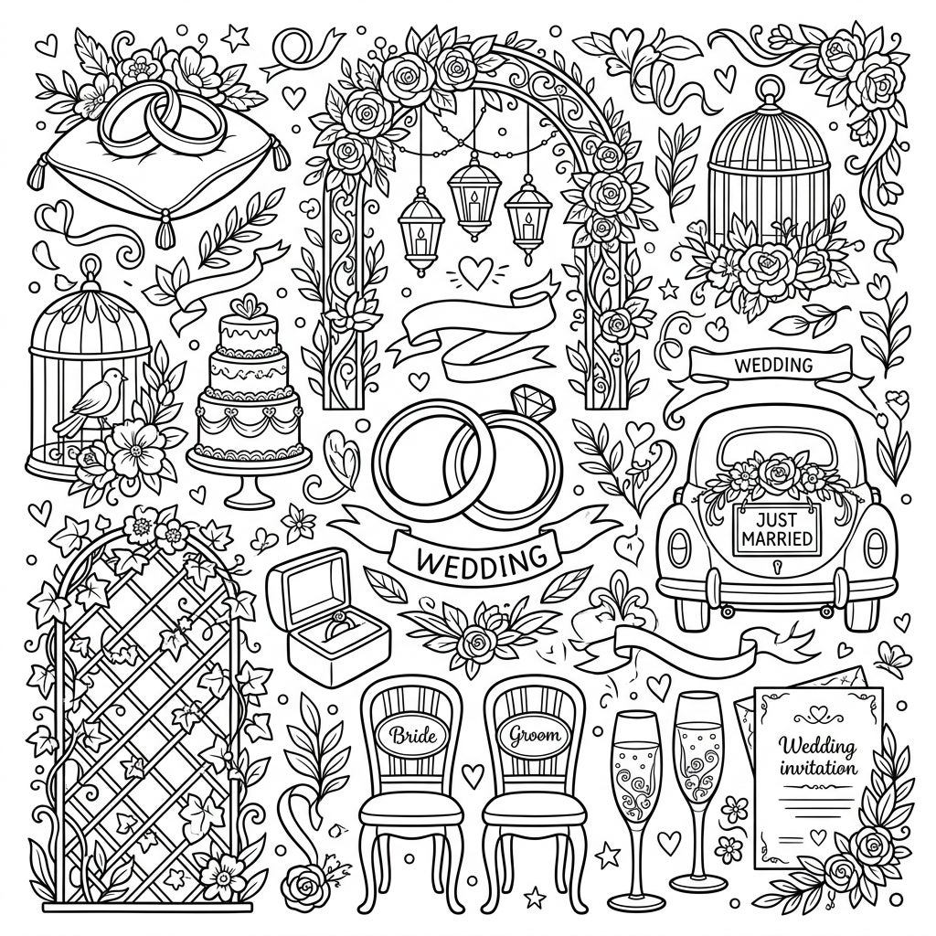 Wedding Decorative Accents Coloring Page | Just Married Fun — Color Pop