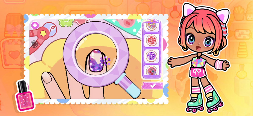 Un'attività di nail art colorata in Gogo Mini World Beauty Salon in cui un personaggio applica smalto glitterato viola all'unghia