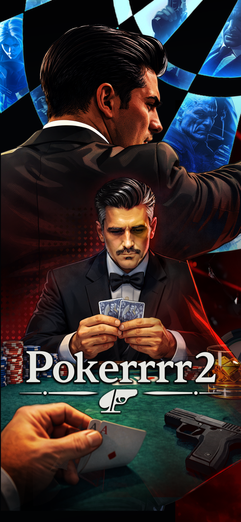 Pokerrrr 2 Texas Holdem Poker game splash screen featuring a tactical agent theme and tuxedo player
