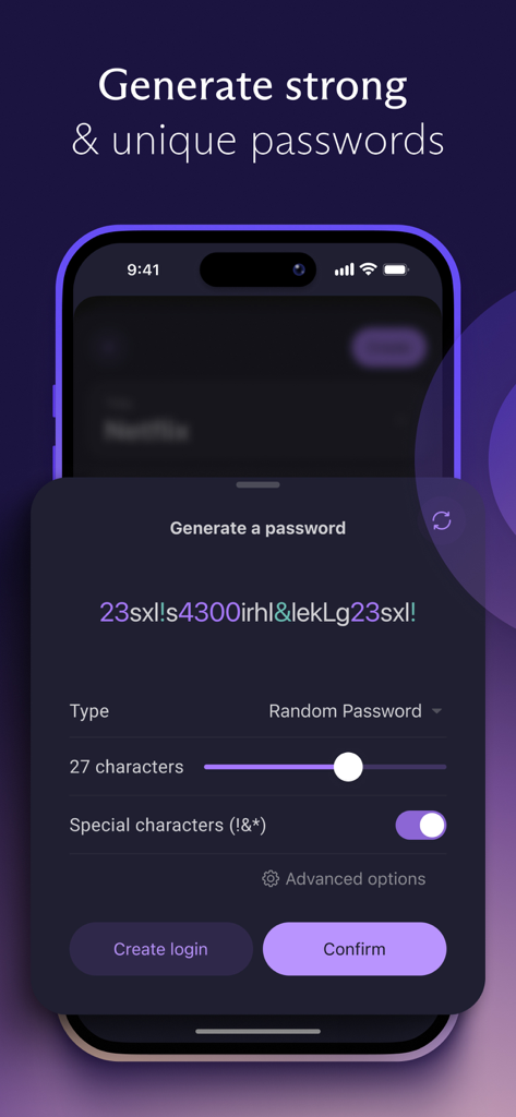 Proton Pass mobile app interface for generating strong and unique passwords with customizable length and special characters