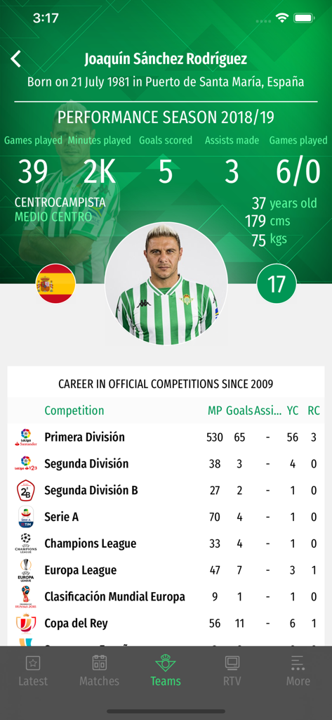 Pantalla de la app oficial del Real Betis que muestra el perfil del jugador y las estadísticas de carrera de Joaquín Sánchez