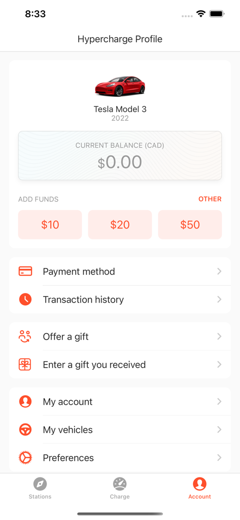 Hypercharge - User profile screen of the Hypercharge EV charging app showing vehicle details and account balance.