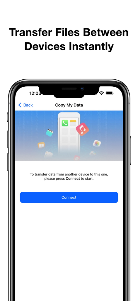 Copy My Data - Una captura de pantalla de la interfaz de la aplicación Copy My Data que muestra la pantalla de configuración de transferencia de archivos con un botón de conexión azul.