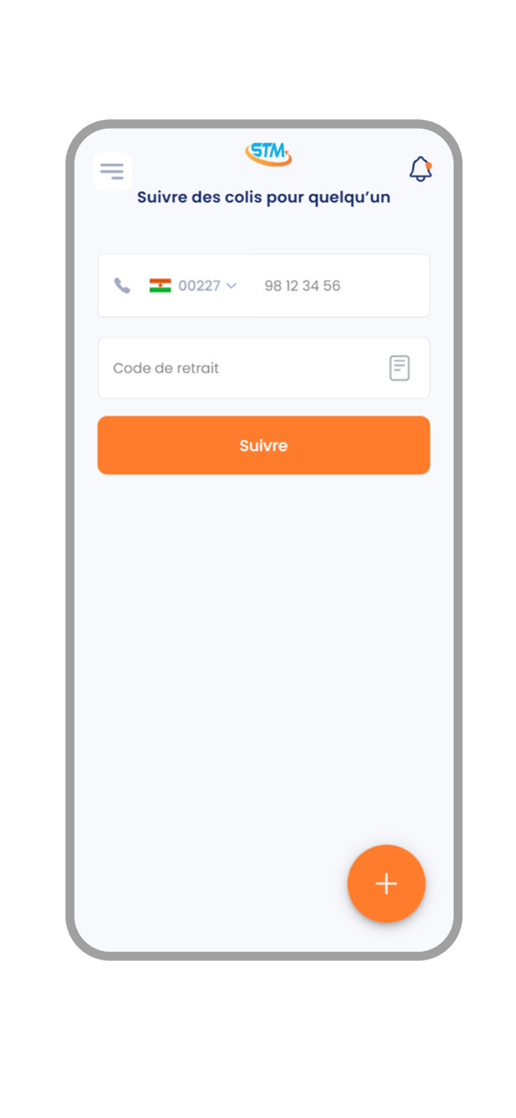 STM Connect - Écran de l'application STM Connect pour le suivi des colis à l'aide d'un numéro de téléphone et d'un code de retrait.