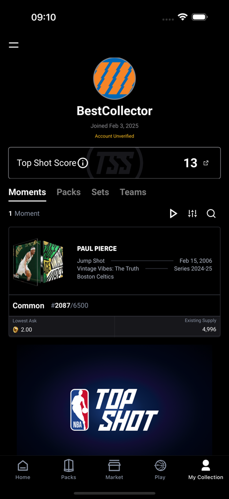 NBA Top Shot app interface showing a user profile and a Paul Pierce digital collectible highlight