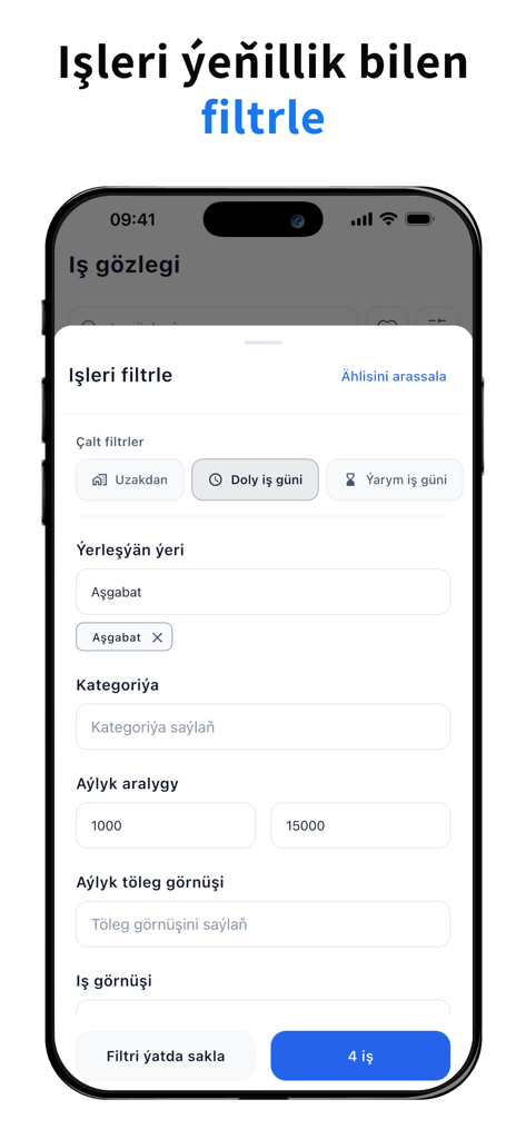 asman: Iş Tap - Uma captura de tela do aplicativo de busca de empregos asman mostrando opções avançadas de filtro para local, salário e tipo de vaga em idioma turcomeno.