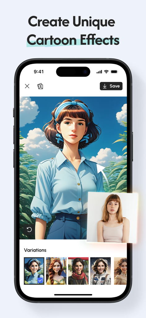 Genie - Phone Storage Cleaner - iPhone画面に、実際の写真からカートゥーン風ポートレートを作成するGenieアプリのインターフェースが表示されています。