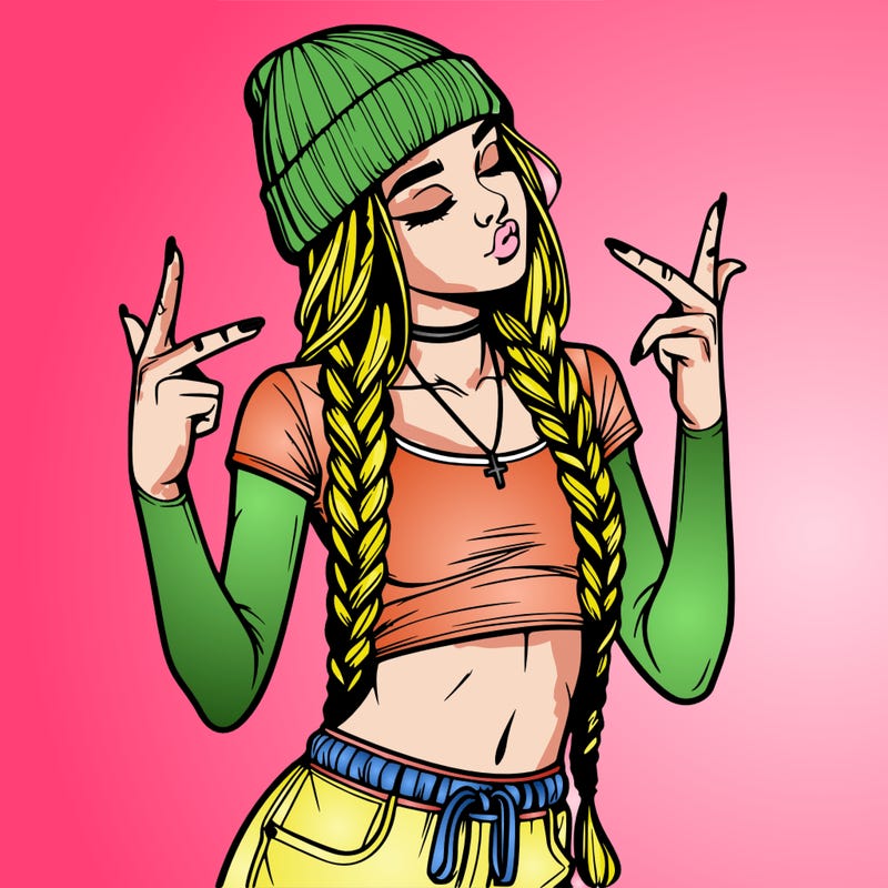 realistic teenage girl with braids and a beanie and crop top doing 🫶🏼