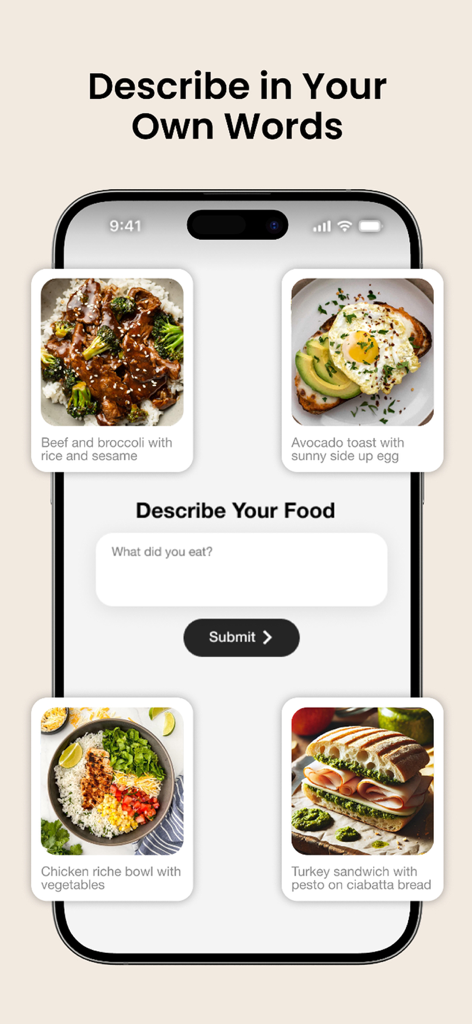 FitHub - AI Calorie Tracker - FitHub app screen showing natural language food description feature with meal examples