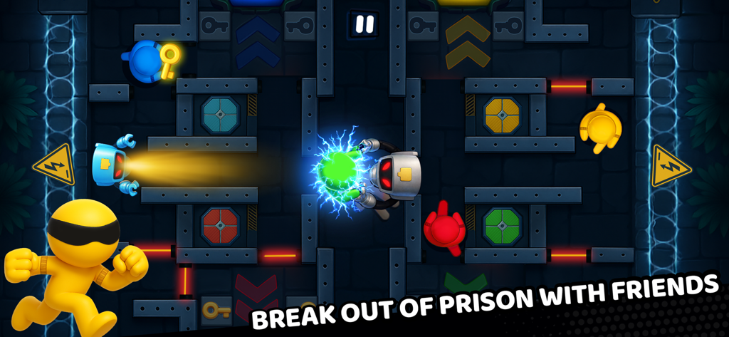 Stick Fun Party Mini Games - Personagens de stickman navegando em um labirinto de prisão com lasers e robôs em um jogo de festa multijogador.