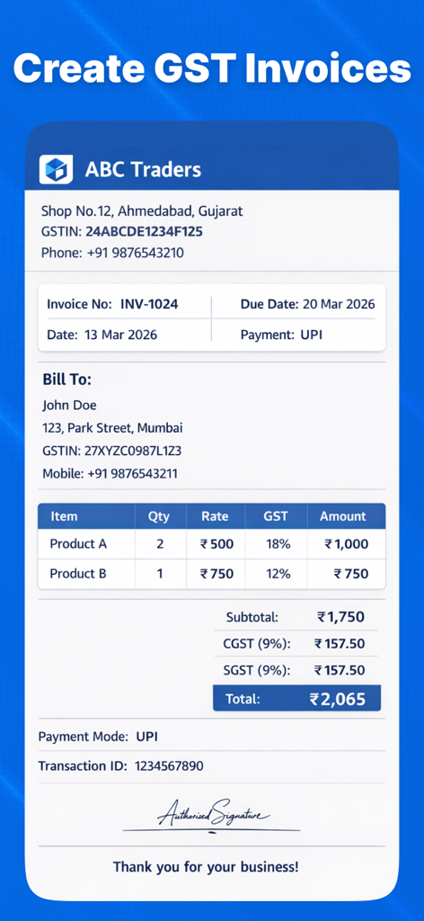 Professional GST invoice sample with tax breakdown and business details