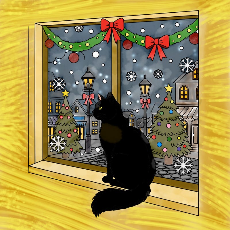 a cat watching through the window as the snow falls on the christmas decorations in the street
