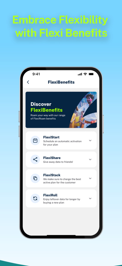 FlexiStart、FlexiShare、FlexiStack、FlexiRollなどの機能を紹介するFlexiRoamアプリのFlexiBenefits画面