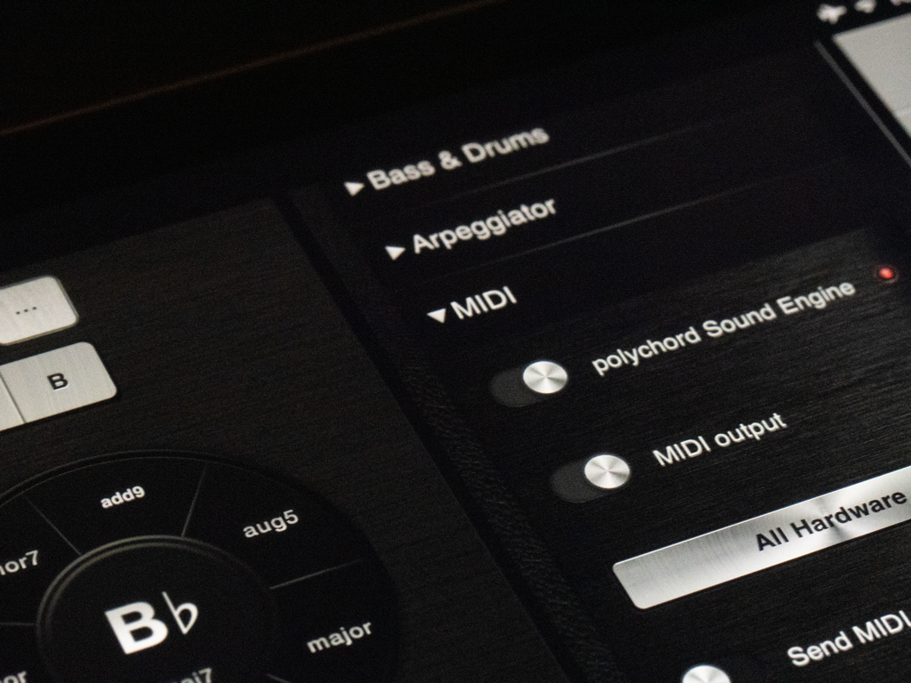 polychord - Paramètres MIDI et roue d'accords dans l'application iPad Polychord.